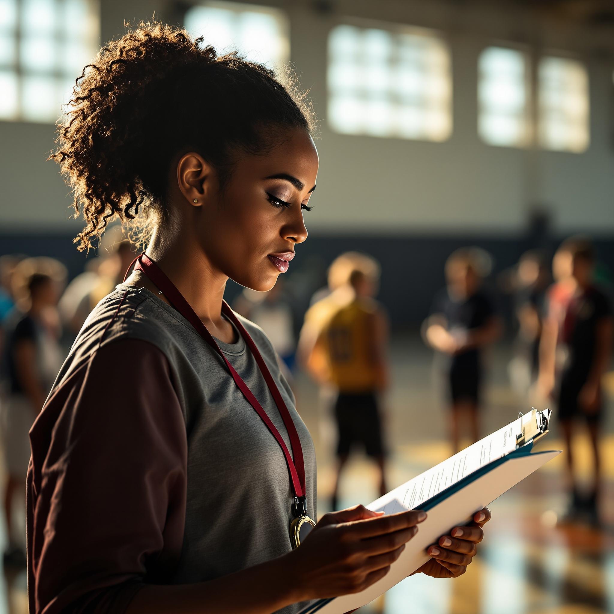 Coach reviewing player notes on a clipboard