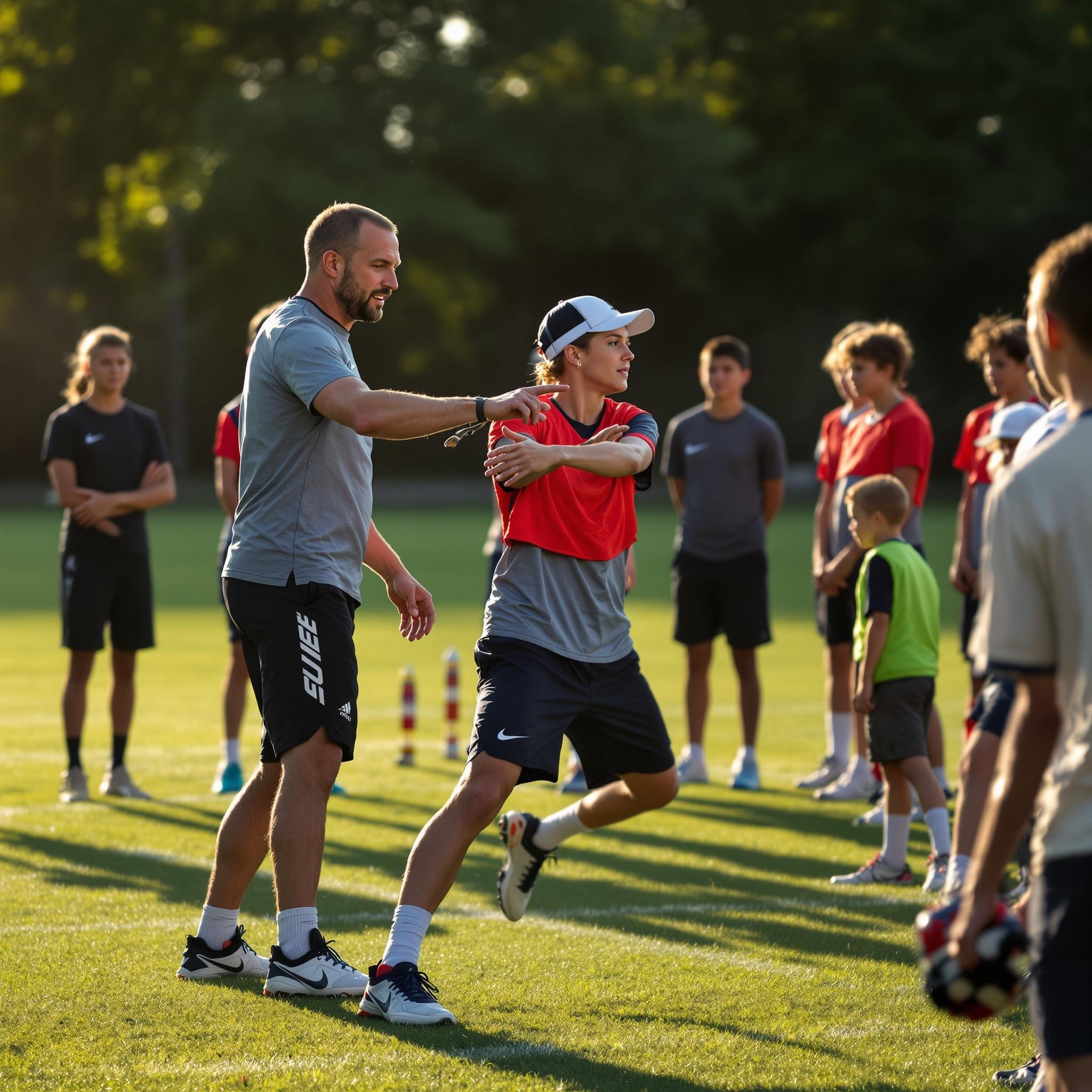 Coach instructing young athletes on the field