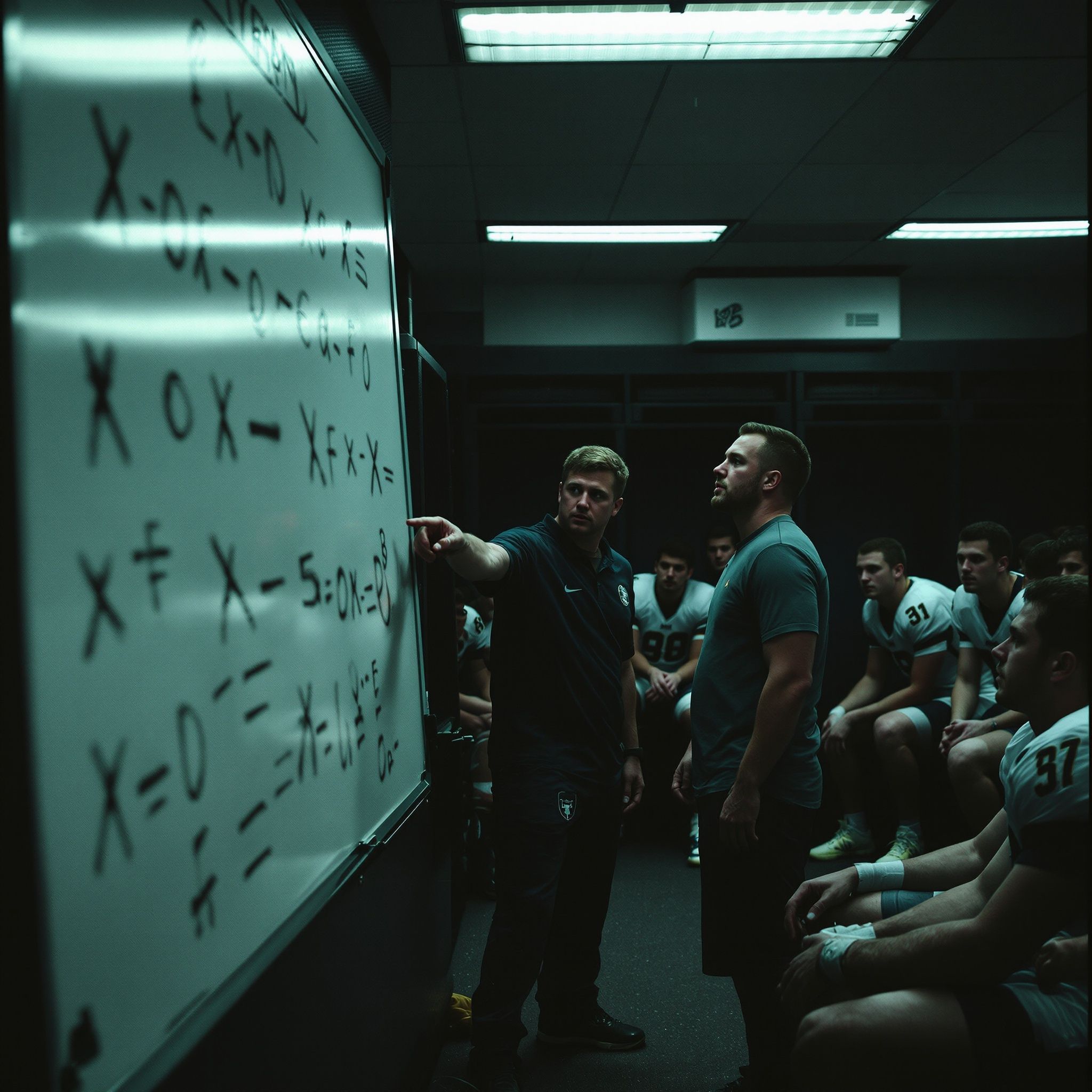 Coach reviewing strategy on whiteboard