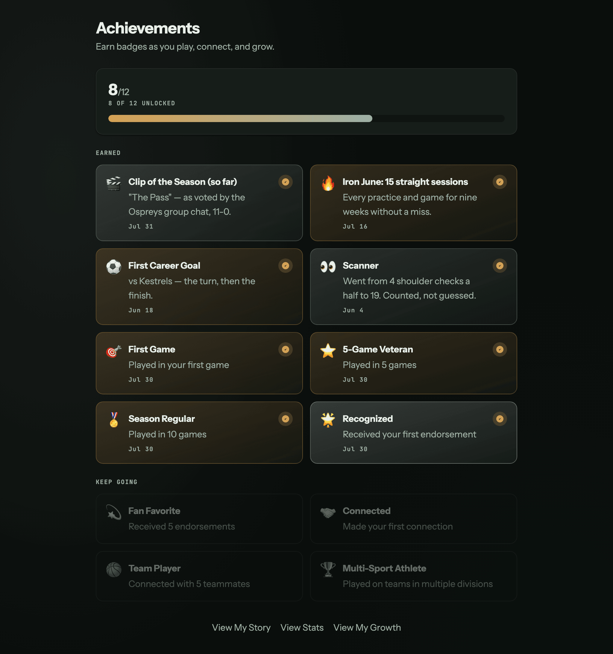 The Peer10 achievements surface: a season's earned milestones on an athlete's record.