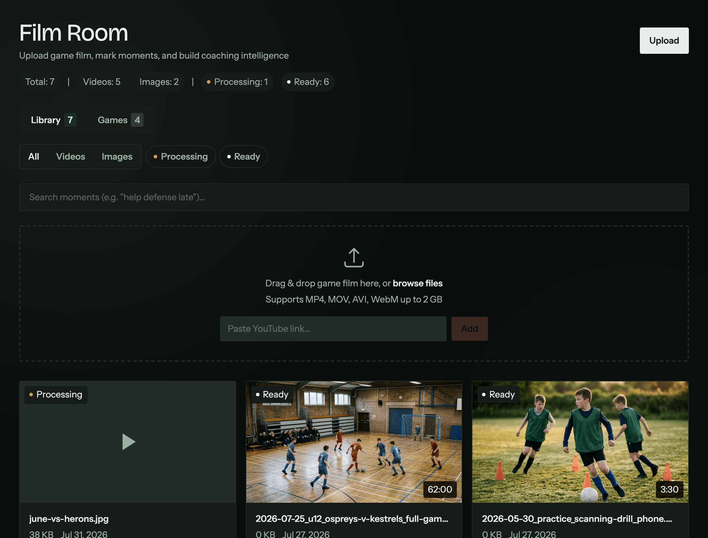 The Peer10 film room: game film organized by match, with moments and tagging.