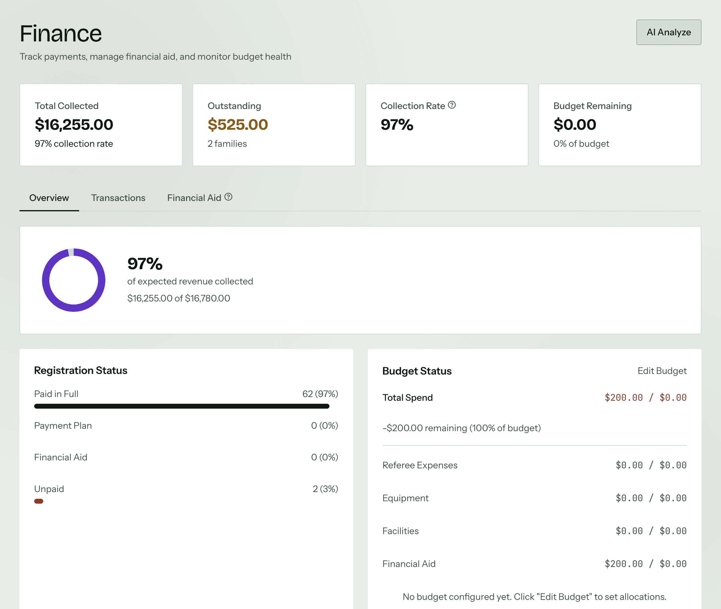 The Peer10 finance surface: registration fees, payment status and financial aid beside the roster.
