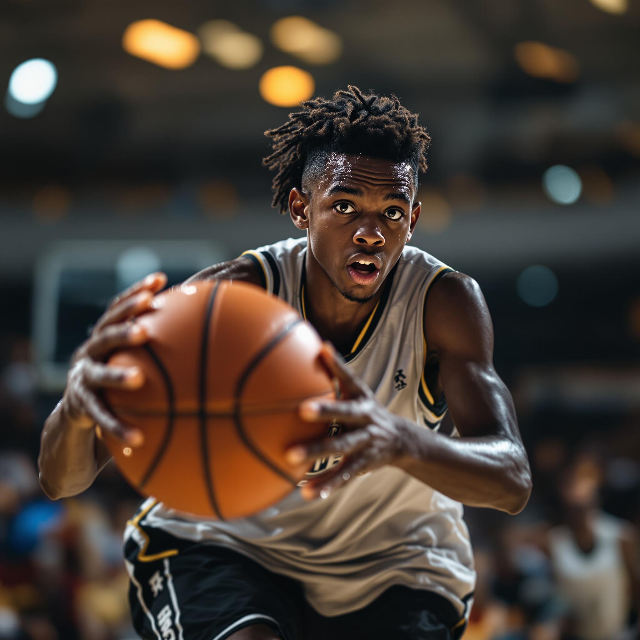 Young athlete dribbling a basketball with intensity
