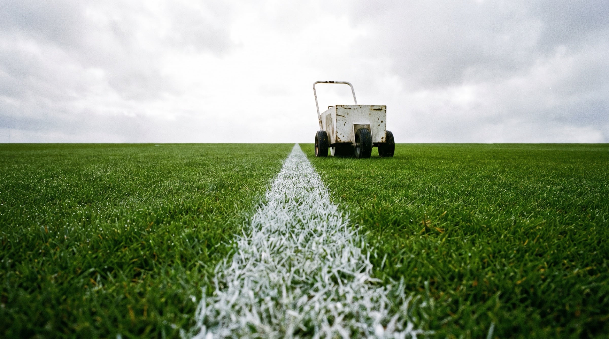 Freshly painted white lines on a grass pitch, running to a vanishing point.