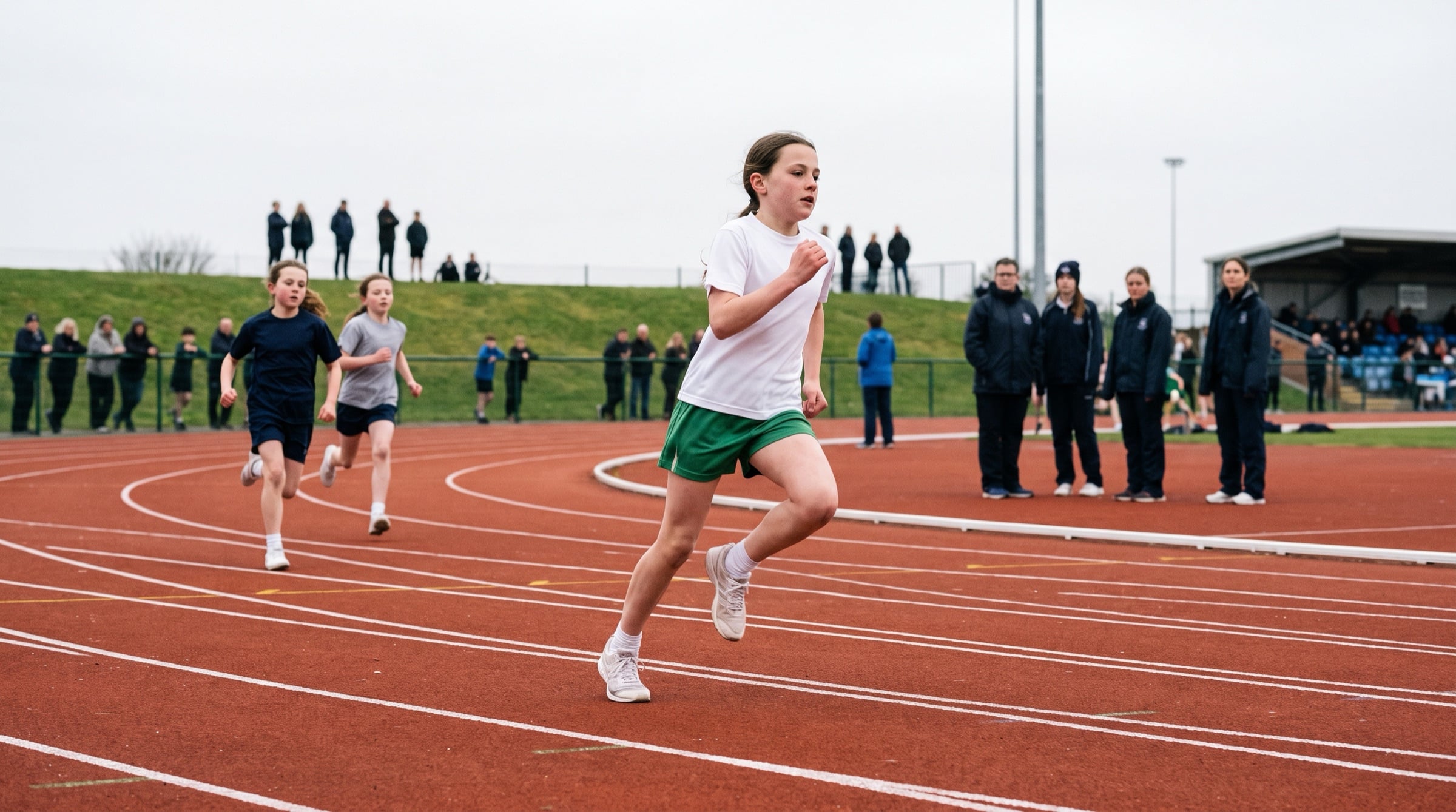 A young runner coming off the final bend, mid-stride. All people in Peer10 marketing imagery are synthetic.