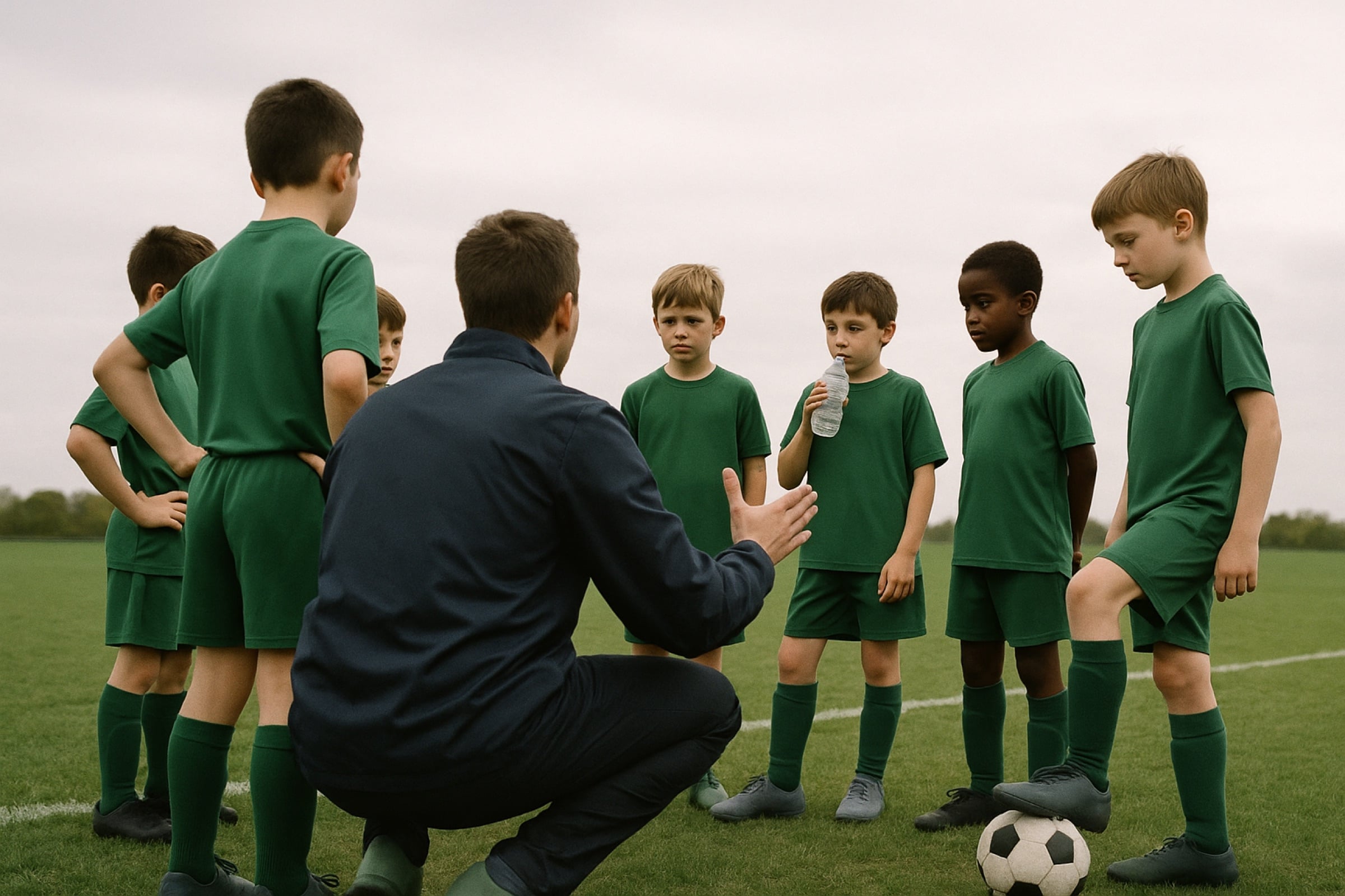 A half-time huddle: a coach on one knee, kids in plain green kits listening. All people in Peer10 marketing imagery are synthetic.