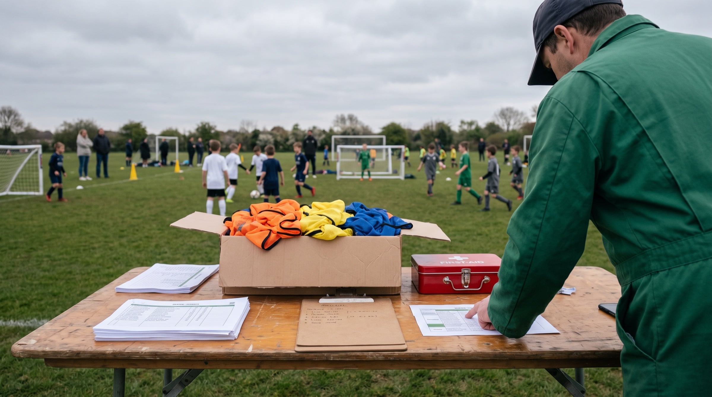 A club volunteer at a folding table of rosters and pinnies, pitches busy behind. All people in Peer10 marketing imagery are synthetic.