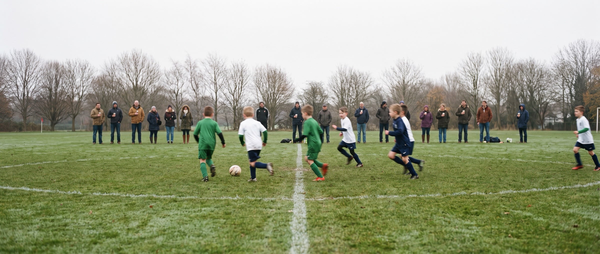 A Saturday-morning youth soccer match seen from the touchline, parents watching along the far line. All people in Peer10 marketing imagery are synthetic.