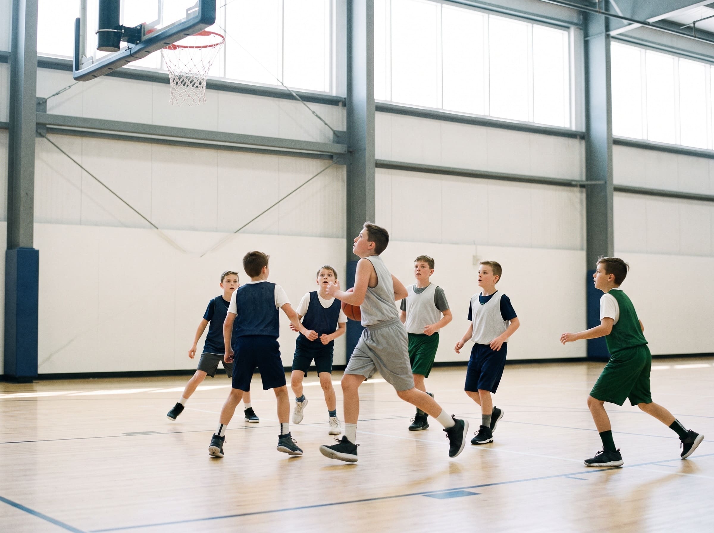 A youth basketball game in a bright municipal gym.