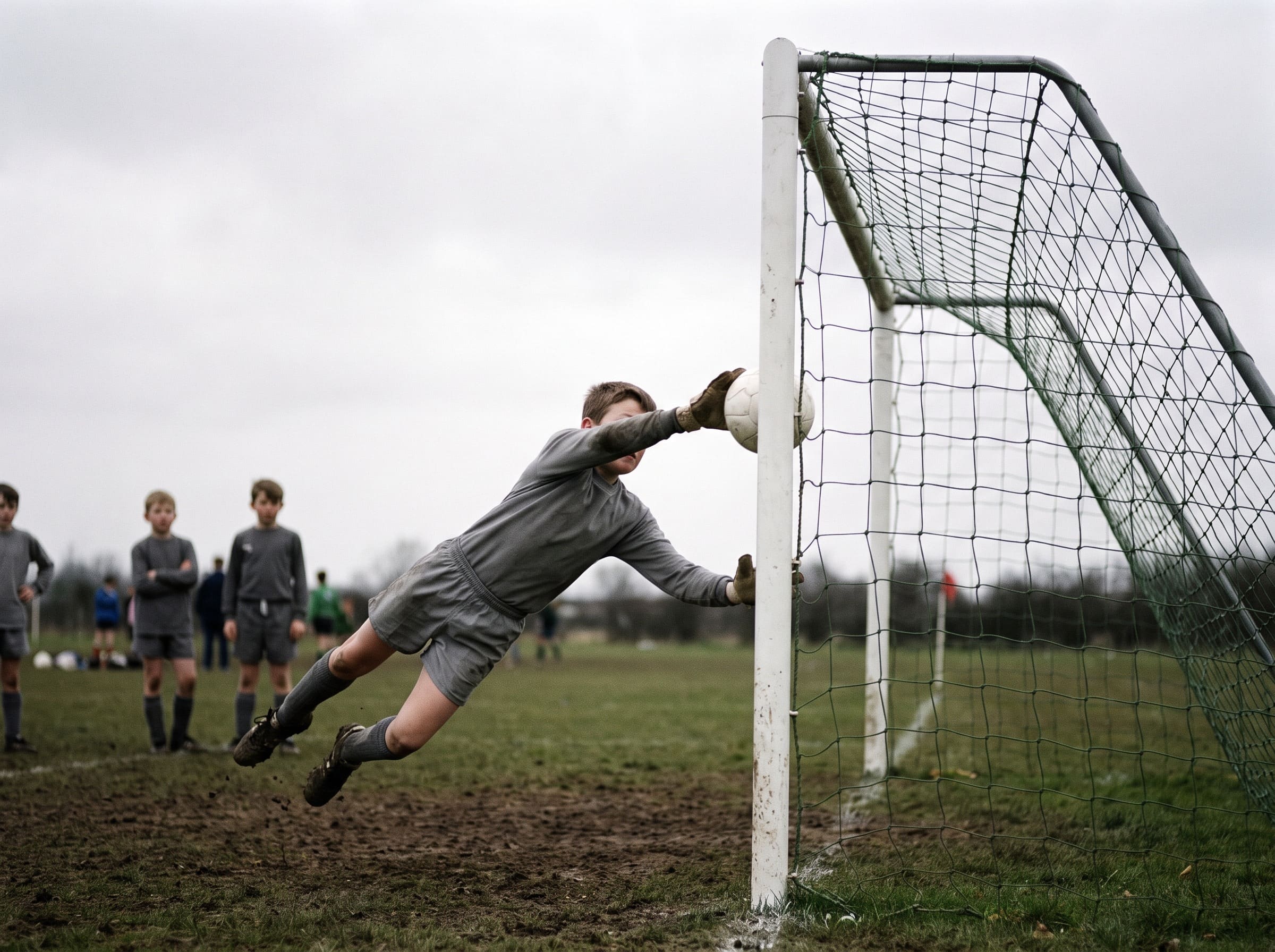 A young goalkeeper mid-dive.