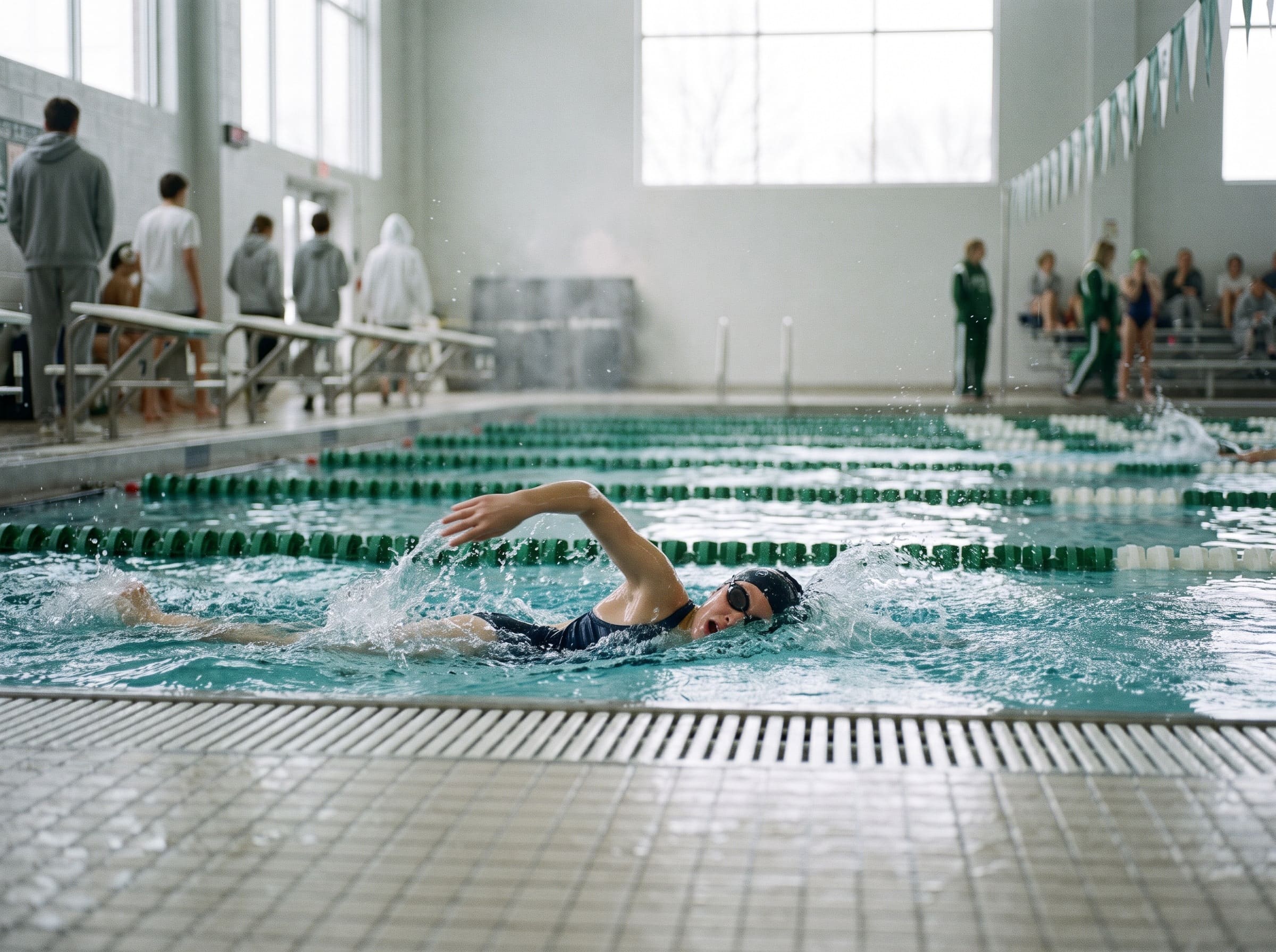 A young swimmer mid-stroke at a meet.