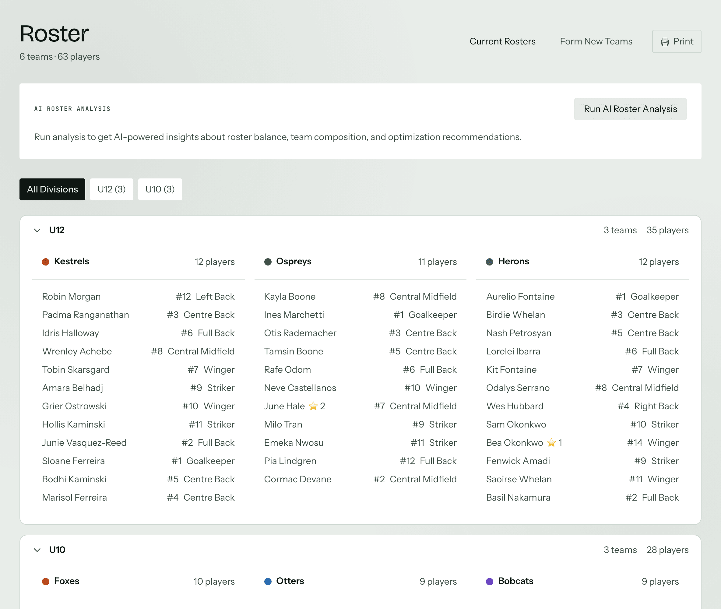 The Peer10 roster surface: six teams and sixty-three players across two divisions, with AI roster analysis available.